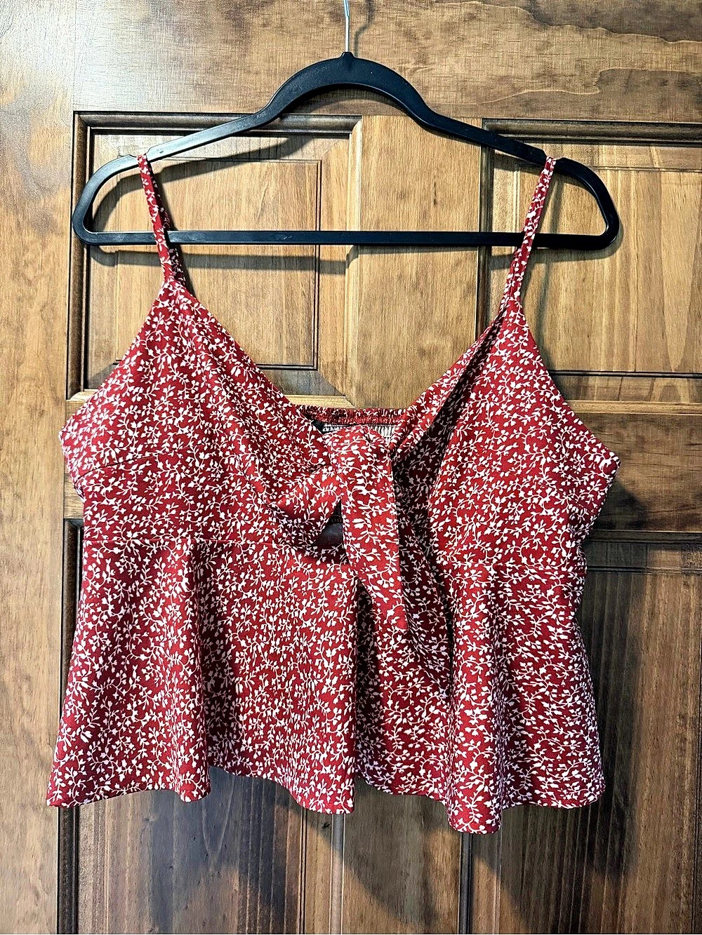 SHEIN Tie Front Floral Print Shirred Cami Top Red & White Size XL